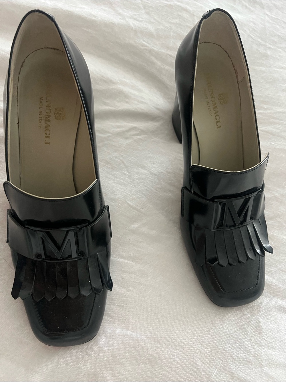 Black Patent Leather Kiltie Block Heel Loafers
